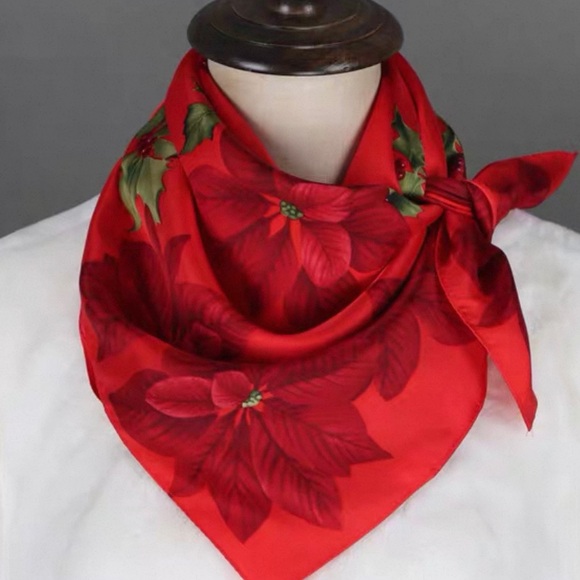 100% Silk Christmas Red Poinsettia Scarf - Picture 7 of 7